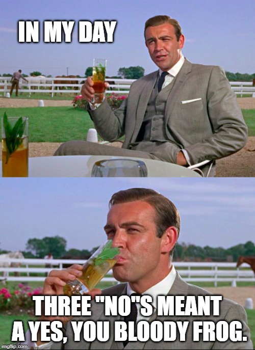 Sean Connery > Kermit | IN MY DAY; THREE "NO"S MEANT A YES, YOU BLOODY FROG. | image tagged in sean connery  kermit | made w/ Imgflip meme maker