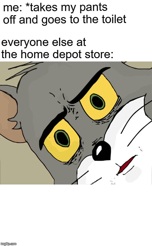 Unsettled Tom | me: *takes my pants off and goes to the toilet; everyone else at the home depot store: | image tagged in memes,unsettled tom | made w/ Imgflip meme maker