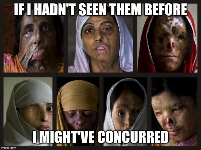 Acid attack victims | IF I HADN'T SEEN THEM BEFORE I MIGHT'VE CONCURRED | image tagged in acid attack victims | made w/ Imgflip meme maker