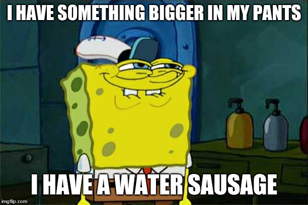 Don't You Squidward Meme | I HAVE SOMETHING BIGGER IN MY PANTS; I HAVE A WATER SAUSAGE | image tagged in memes,dont you squidward | made w/ Imgflip meme maker
