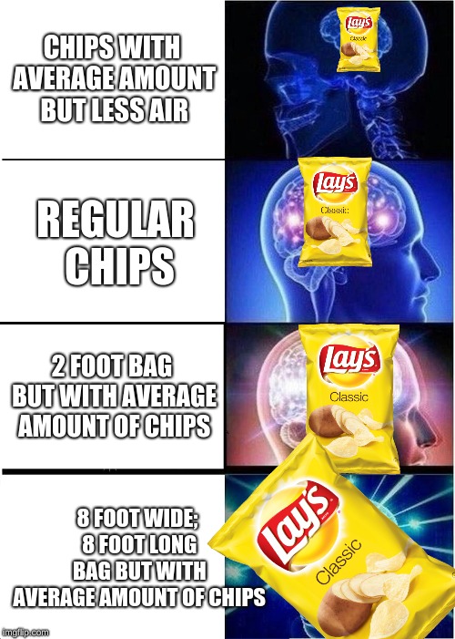 Expanding Brain Meme | CHIPS WITH AVERAGE AMOUNT BUT LESS AIR; REGULAR CHIPS; 2 FOOT BAG BUT WITH AVERAGE AMOUNT OF CHIPS; 8 FOOT WIDE; 8 FOOT LONG BAG BUT WITH AVERAGE AMOUNT OF CHIPS | image tagged in memes,expanding brain | made w/ Imgflip meme maker
