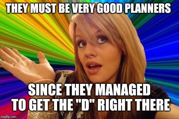 Dumb Blonde Meme | THEY MUST BE VERY GOOD PLANNERS SINCE THEY MANAGED TO GET THE "D" RIGHT THERE | image tagged in memes,dumb blonde | made w/ Imgflip meme maker