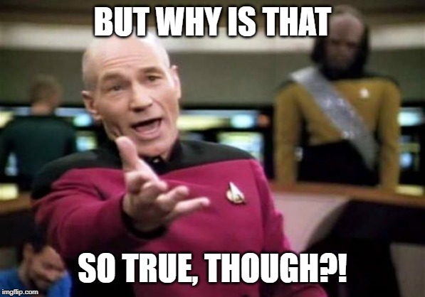 Picard Wtf Meme | BUT WHY IS THAT SO TRUE, THOUGH?! | image tagged in memes,picard wtf | made w/ Imgflip meme maker
