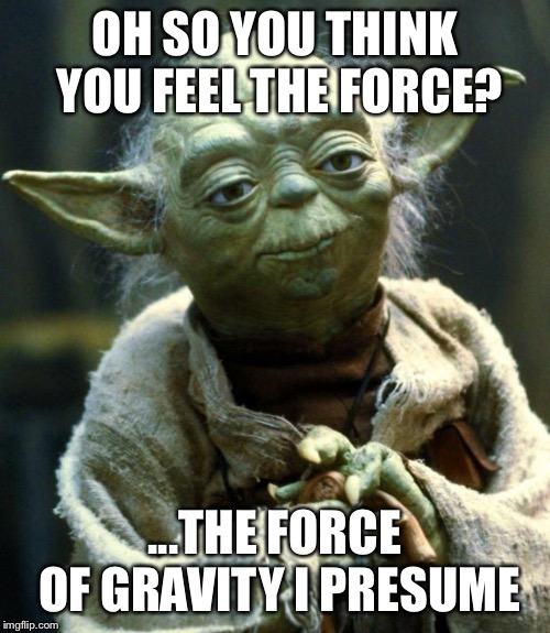 Star Wars Yoda | OH SO YOU THINK YOU FEEL THE FORCE? ...THE FORCE OF GRAVITY I PRESUME | image tagged in memes,star wars yoda | made w/ Imgflip meme maker