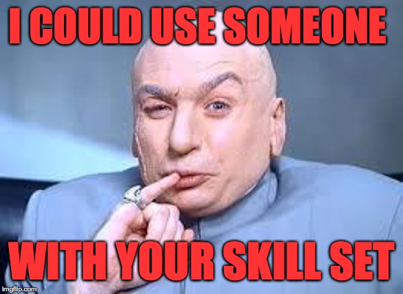 dr evil pinky | I COULD USE SOMEONE WITH YOUR SKILL SET | image tagged in dr evil pinky | made w/ Imgflip meme maker