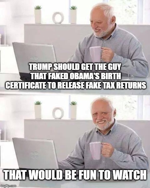 Squirrel! | TRUMP SHOULD GET THE GUY THAT FAKED OBAMA'S BIRTH CERTIFICATE TO RELEASE FAKE TAX RETURNS; THAT WOULD BE FUN TO WATCH | image tagged in memes,hide the pain harold | made w/ Imgflip meme maker