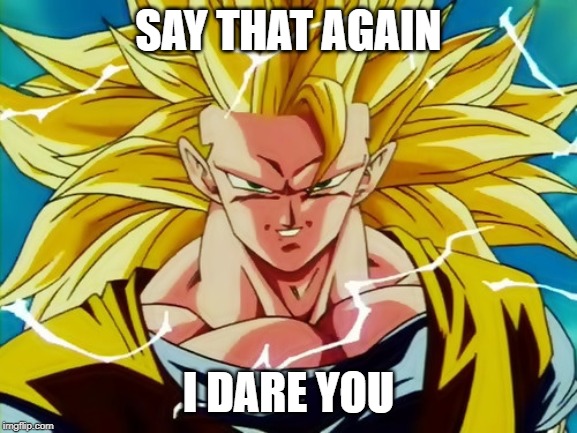 Super Saiyan 3 Goku | SAY THAT AGAIN I DARE YOU | image tagged in super saiyan 3 goku | made w/ Imgflip meme maker