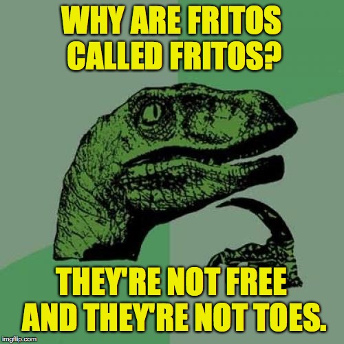 Sometimes it feels like I'm the only one who cares. | WHY ARE FRITOS CALLED FRITOS? THEY'RE NOT FREE AND THEY'RE NOT TOES. | image tagged in memes,philosoraptor,fritos | made w/ Imgflip meme maker