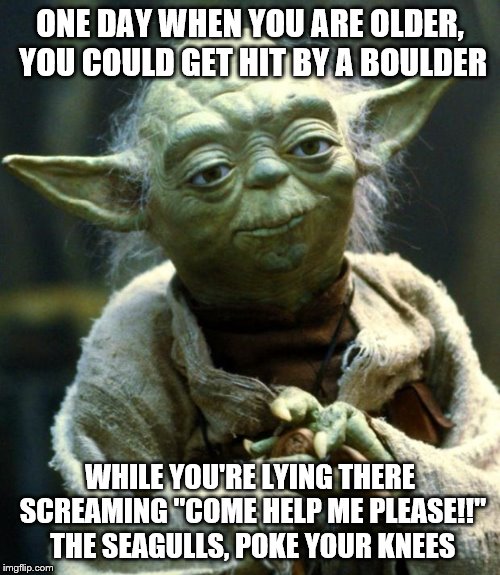 Seagulls, Stop it now! | ONE DAY WHEN YOU ARE OLDER, YOU COULD GET HIT BY A BOULDER; WHILE YOU'RE LYING THERE SCREAMING "COME HELP ME PLEASE!!" THE SEAGULLS, POKE YOUR KNEES | image tagged in memes,star wars yoda | made w/ Imgflip meme maker