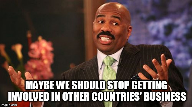 Steve Harvey | MAYBE WE SHOULD STOP GETTING INVOLVED IN OTHER COUNTRIES' BUSINESS | image tagged in isolationist,foreign affairs,affairs,foreign,foreign policy,business | made w/ Imgflip meme maker