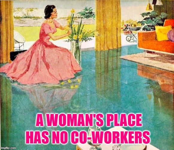 A Woman's Place | HAS NO CO-WORKERS; A WOMAN'S PLACE | image tagged in 50s housewife,women rights,coworkers,jobs,work sucks,feminine | made w/ Imgflip meme maker