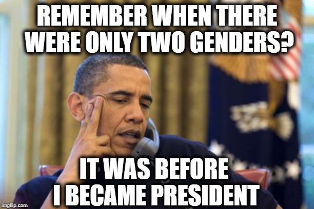 No I Can't Obama | REMEMBER WHEN THERE WERE ONLY TWO GENDERS? IT WAS BEFORE I BECAME PRESIDENT | image tagged in memes,no i cant obama,obama,transgender,2 genders | made w/ Imgflip meme maker