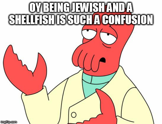 Futurama Zoidberg Meme | OY BEING JEWISH AND A SHELLFISH IS SUCH A CONFUSION | image tagged in memes,futurama zoidberg | made w/ Imgflip meme maker