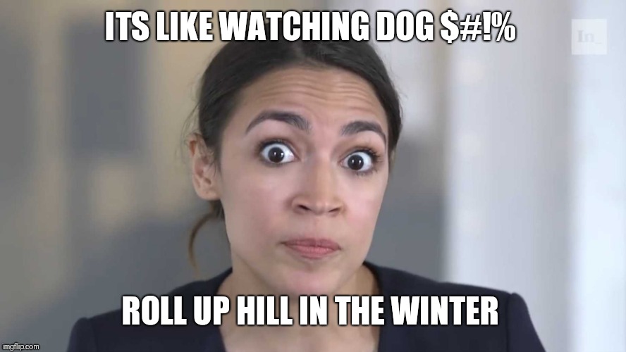 AOC Stumped | ITS LIKE WATCHING DOG $#!%; ROLL UP HILL IN THE WINTER | image tagged in aoc stumped | made w/ Imgflip meme maker