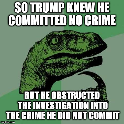 Philosoraptor Meme | SO TRUMP KNEW HE COMMITTED NO CRIME; BUT HE OBSTRUCTED THE INVESTIGATION INTO THE CRIME HE DID NOT COMMIT | image tagged in memes,philosoraptor | made w/ Imgflip meme maker