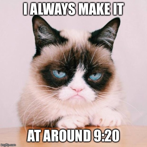 grumpy cat again | I ALWAYS MAKE IT AT AROUND 9:20 | image tagged in grumpy cat again | made w/ Imgflip meme maker