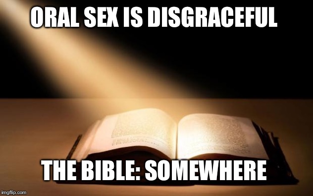 Bible | ORAL SEX IS DISGRACEFUL; THE BIBLE: SOMEWHERE | image tagged in bible | made w/ Imgflip meme maker