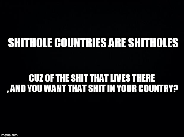 Black background | SHITHOLE COUNTRIES ARE SHITHOLES; CUZ OF THE SHIT THAT LIVES THERE , AND YOU WANT THAT SHIT IN YOUR COUNTRY? | image tagged in black background | made w/ Imgflip meme maker