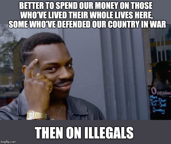 Roll Safe Think About It Meme | BETTER TO SPEND OUR MONEY ON THOSE WHO'VE LIVED THEIR WHOLE LIVES HERE,  SOME WHO'VE DEFENDED OUR COUNTRY IN WAR THEN ON ILLEGALS | image tagged in memes,roll safe think about it | made w/ Imgflip meme maker
