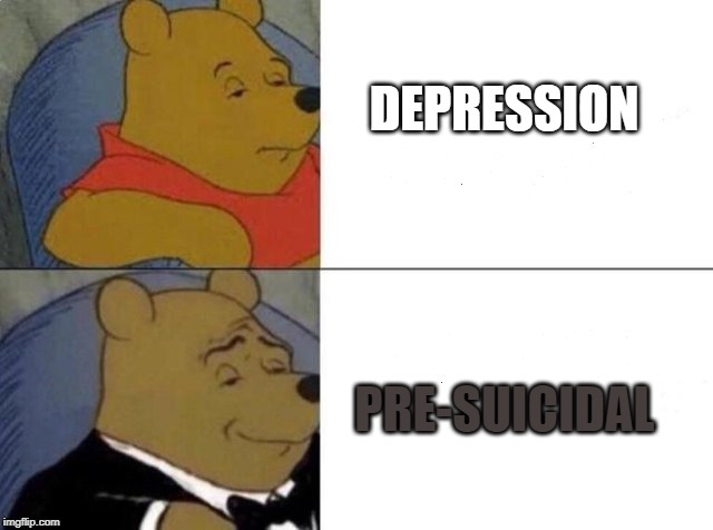 Tuxedo Winnie The Pooh Meme | DEPRESSION; PRE-SUICIDAL | image tagged in tuxedo winnie the pooh | made w/ Imgflip meme maker