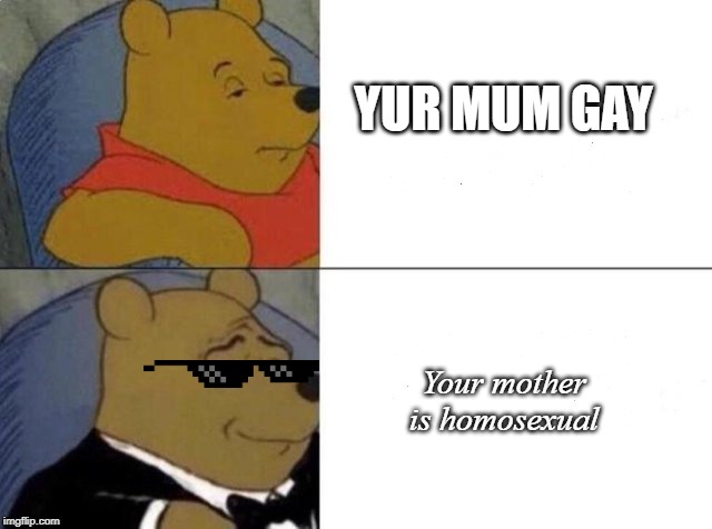 Tuxedo Winnie The Pooh Meme | YUR MUM GAY; Your mother is homosexual | image tagged in tuxedo winnie the pooh | made w/ Imgflip meme maker