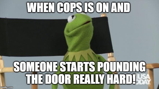 cops is on | WHEN COPS IS ON AND; SOMEONE STARTS POUNDING THE DOOR REALLY HARD! | image tagged in kermit scared look,cops | made w/ Imgflip meme maker