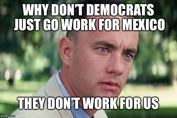 And Just Like That | WHY DON’T DEMOCRATS JUST GO WORK FOR MEXICO; THEY DON’T WORK FOR US | image tagged in forrest gump | made w/ Imgflip meme maker