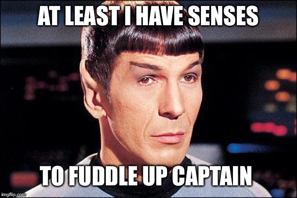 Condescending Spock | AT LEAST I HAVE SENSES TO FUDDLE UP CAPTAIN | image tagged in condescending spock | made w/ Imgflip meme maker