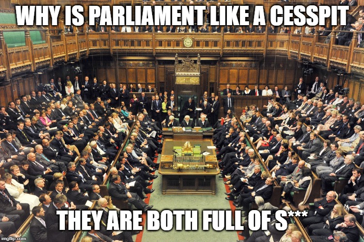 British Parliament | WHY IS PARLIAMENT LIKE A CESSPIT; THEY ARE BOTH FULL OF S*** | image tagged in british parliament | made w/ Imgflip meme maker