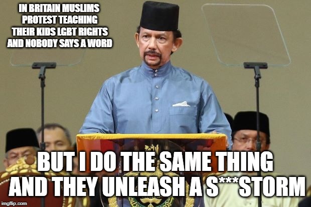 IN BRITAIN MUSLIMS PROTEST TEACHING THEIR KIDS LGBT RIGHTS AND NOBODY SAYS A WORD; BUT I DO THE SAME THING AND THEY UNLEASH A S***STORM | image tagged in sultan of brunei | made w/ Imgflip meme maker