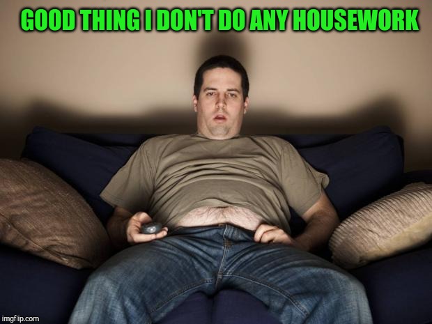 lazy fat guy on the couch | GOOD THING I DON'T DO ANY HOUSEWORK | image tagged in lazy fat guy on the couch | made w/ Imgflip meme maker