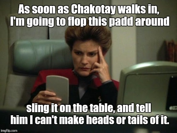 As soon as Chakotay walks in, I'm going to flop this padd around; sling it on the table, and tell him I can't make heads or tails of it. | image tagged in janeway ready room,memes,star trek | made w/ Imgflip meme maker