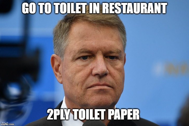 Disappointed Klaus | GO TO TOILET IN RESTAURANT; 2PLY TOILET PAPER | image tagged in disappointed klaus | made w/ Imgflip meme maker