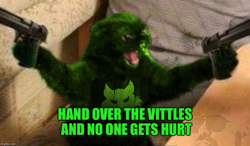 RayCat Angry | HAND OVER THE VITTLES AND NO ONE GETS HURT | image tagged in raycat angry | made w/ Imgflip meme maker