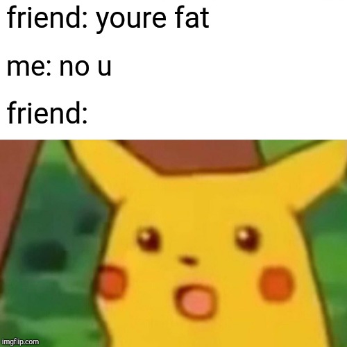 Surprised Pikachu Meme | friend: youre fat; me: no u; friend: | image tagged in memes,surprised pikachu | made w/ Imgflip meme maker