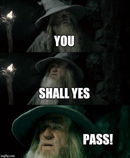 Confused Gandalf | YOU; SHALL YES; PASS! | image tagged in memes,confused gandalf | made w/ Imgflip meme maker