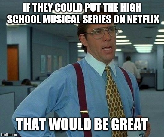 Any High School Musical fans? | IF THEY COULD PUT THE HIGH SCHOOL MUSICAL SERIES ON NETFLIX; THAT WOULD BE GREAT | image tagged in memes,that would be great,high school musical,disney,netflix,high school | made w/ Imgflip meme maker