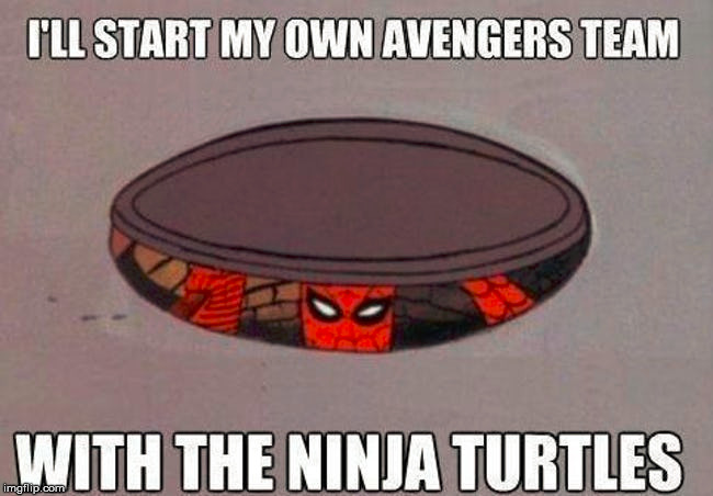 Spiderman wants his own team. | image tagged in spiderman,teenage mutant ninja turtles,funny,superhero | made w/ Imgflip meme maker