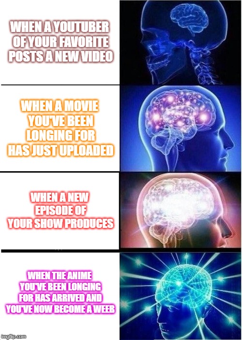 Expanding Brain | WHEN A YOUTUBER OF YOUR FAVORITE POSTS A NEW VIDEO; WHEN A MOVIE YOU'VE BEEN LONGING FOR HAS JUST UPLOADED; WHEN A NEW EPISODE OF YOUR SHOW PRODUCES; WHEN THE ANIME YOU'VE BEEN LONGING FOR HAS ARRIVED AND YOU'VE NOW BECOME A WEEB | image tagged in memes,expanding brain | made w/ Imgflip meme maker