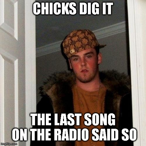 Scumbag Steve Meme | CHICKS DIG IT THE LAST SONG ON THE RADIO SAID SO | image tagged in memes,scumbag steve | made w/ Imgflip meme maker