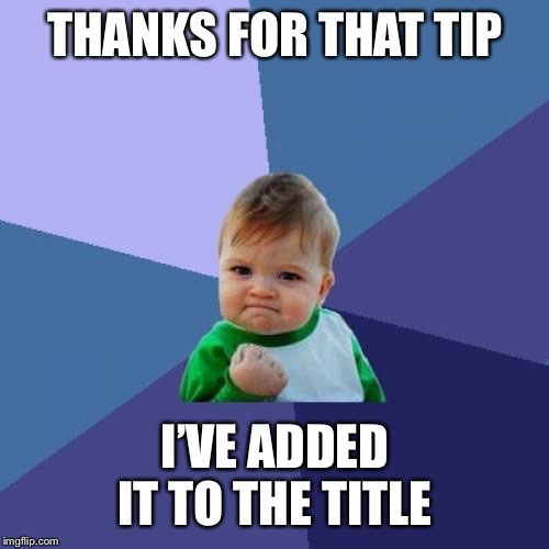 Success Kid Meme | THANKS FOR THAT TIP I’VE ADDED IT TO THE TITLE | image tagged in memes,success kid | made w/ Imgflip meme maker