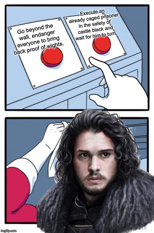 GOT Biggest Plot Hole | Execute an already caged prisoner in the safety of castle black and wait for him to turn. Go beyond the wall, endanger everyone to bring back proof of wights. | image tagged in game of thrones,jon snow | made w/ Imgflip meme maker