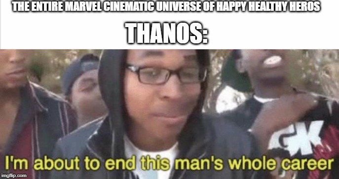 I’m about to end this man’s whole career | THE ENTIRE MARVEL CINEMATIC UNIVERSE OF HAPPY HEALTHY HEROS; THANOS: | image tagged in im about to end this mans whole career | made w/ Imgflip meme maker