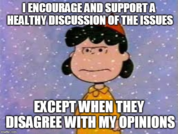 I ENCOURAGE AND SUPPORT A HEALTHY DISCUSSION OF THE ISSUES; EXCEPT WHEN THEY DISAGREE WITH MY OPINIONS | image tagged in debate | made w/ Imgflip meme maker