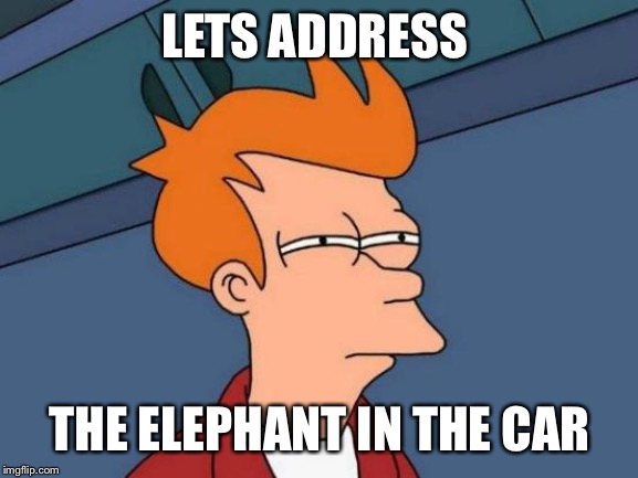 Futurama Fry Meme | LETS ADDRESS THE ELEPHANT IN THE CAR | image tagged in memes,futurama fry | made w/ Imgflip meme maker