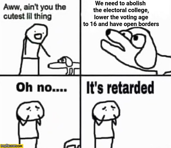 Oh no it's retarded! | We need to abolish the electoral college, lower the voting age to 16 and have open borders | image tagged in oh no it's retarded,democrats,liberal logic | made w/ Imgflip meme maker
