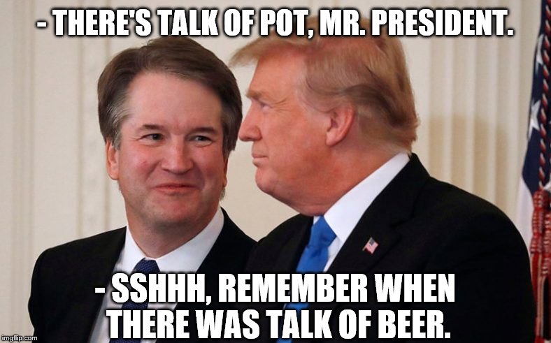 Brett Kavanaugh  Trump | - THERE'S TALK OF POT, MR. PRESIDENT. - SSHHH, REMEMBER WHEN THERE WAS TALK OF BEER. | image tagged in brett kavanaugh trump | made w/ Imgflip meme maker