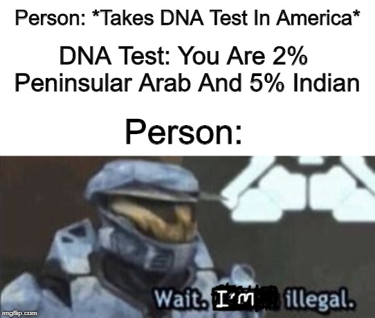 Well, That Explains The Hate Crimes On Him Then... | Person: *Takes DNA Test In America*; DNA Test: You Are 2% Peninsular Arab And 5% Indian; Person: | image tagged in wait that's illegal | made w/ Imgflip meme maker