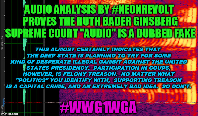 Really weird sh*t going on at the Supreme Court for months.  If stuff goes down, don't be caught dead betraying the Constitution | AUDIO ANALYSIS BY #NEONREVOLT PROVES THE RUTH BADER GINSBERG SUPREME COURT "AUDIO" IS A DUBBED FAKE; THIS ALMOST CERTAINLY INDICATES THAT THE DEEP STATE IS PLANNING TO TRY FOR SOME KIND OF DESPERATE ILLEGAL GAMBIT AGAINST THE UNITED STATES PRESIDENCY.  PARTICIPATION IN COUPS, HOWEVER, IS FELONY TREASON.  NO MATTER WHAT "POLITICS" YOU IDENTIFY WITH,  SUPPORTING TREASON IS A CAPITAL CRIME, AND AN EXTREMELY BAD IDEA.  SO DON'T. #WWG1WGA | image tagged in constitution,ruth bader ginsburg,conspiracy,donald trump,fraud | made w/ Imgflip meme maker