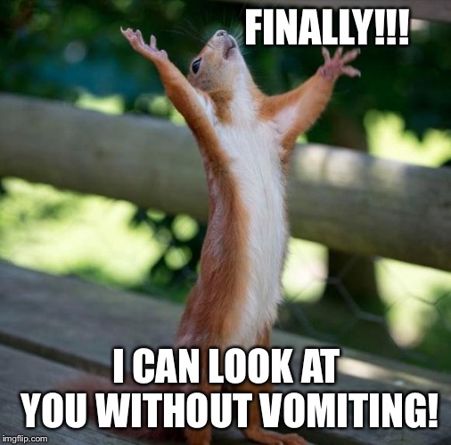 finally | FINALLY!!! I CAN LOOK AT YOU WITHOUT VOMITING! | image tagged in finally | made w/ Imgflip meme maker